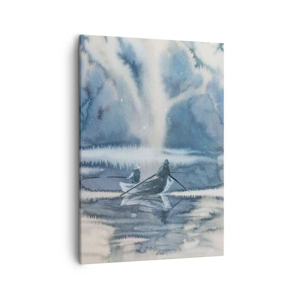 Bild auf Leinwand - Leinwandbild - Aquarelllandschaft mit Booten auf einem See, umgeben von einem nebligen Wald - 50x70cm - Angler in ihrem Paradies - Moderne Wanddekoration für Wohnzimmer und Schlafzimmer ARTTOR