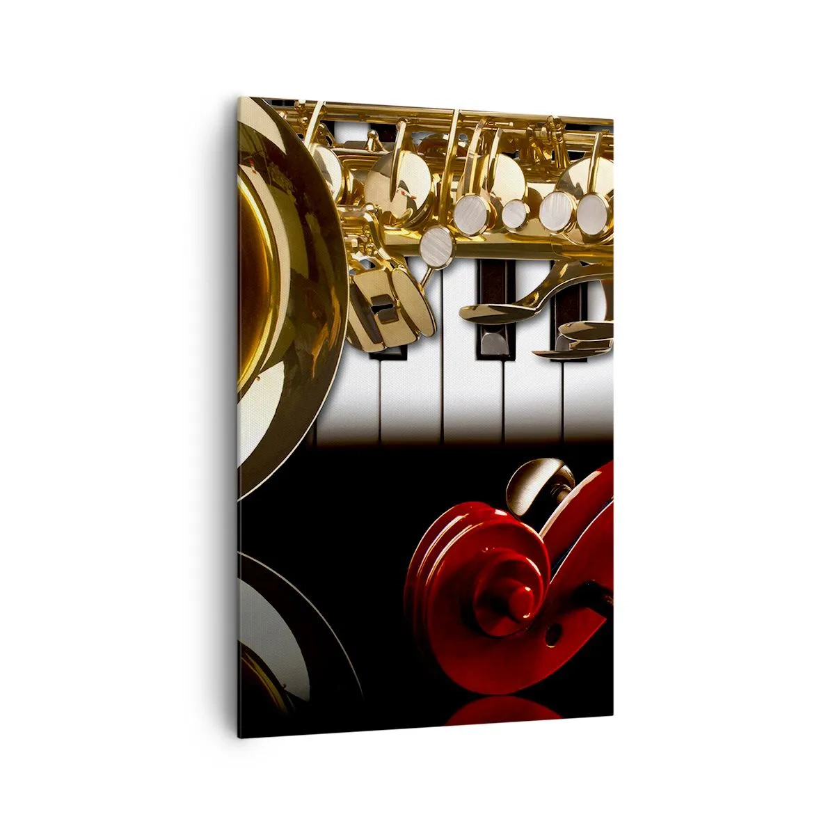Bild auf Leinwand - Leinwandbild - Ein goldenes Saxophon, Klaviertasten und eine rote Geige - 80x120cm - Blech, Holz und Elfenbein - Moderne Wanddekoration für Wohnzimmer und Schlafzimmer ARTTOR