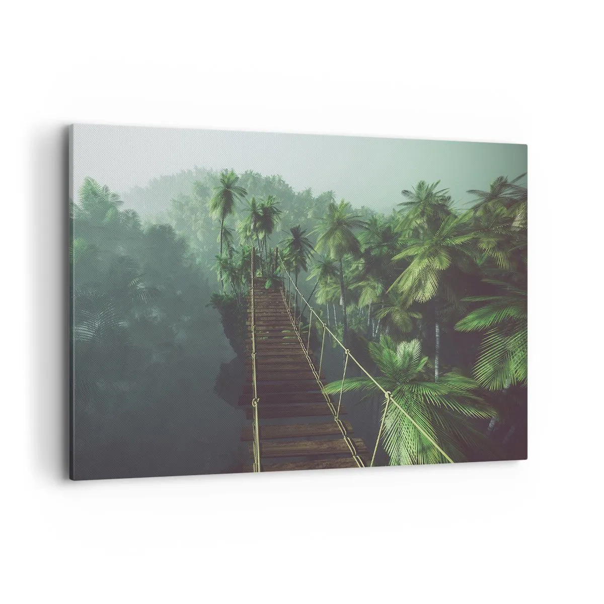 Bild auf Leinwand - Leinwandbild - Eine Hängebrücke in einem tropischen Wald, umgeben von Nebel. - 120x80cm - Über der Brandung des Grüns - Moderne Wanddekoration für Wohnzimmer und Schlafzimmer ARTTOR