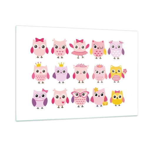 Glasbild - Bild auf glas - Bunte Eulen in verschiedenen Mustern auf weißem Hintergrund - 120x80cm - Einer ist süßer als der andere - Moderne Wanddekoration für Wohnzimmer und Schlafzimmer ARTTOR