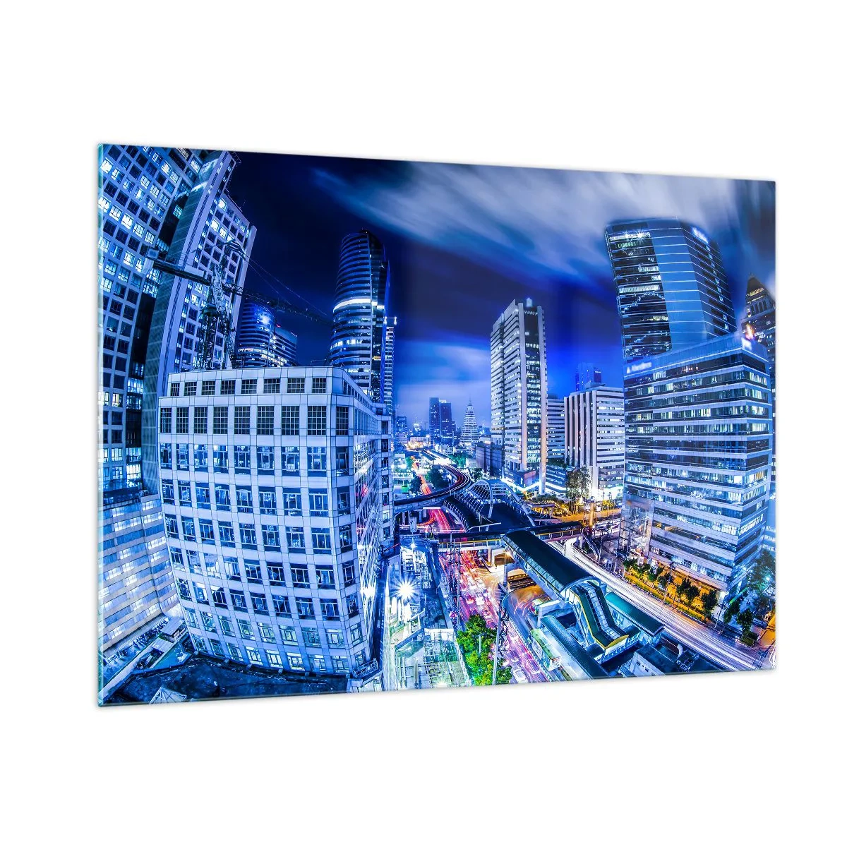 Glasbild - Bild auf glas - Panorama einer modernen Stadt bei Nacht mit hellen Lichtern - 100x70cm - Rhythmen der Nachtstadt - Moderne Wanddekoration für Wohnzimmer und Schlafzimmer ARTTOR