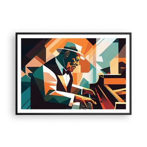 Poster in einem schwarzem Rahmen - Abstrakter Musiker, der in warmen Farben Klavier spielt. - 100x70cm - Alles vom Jazz - Moderne Wanddekoration für Wohnzimmer und Schlafzimmer ARTTOR