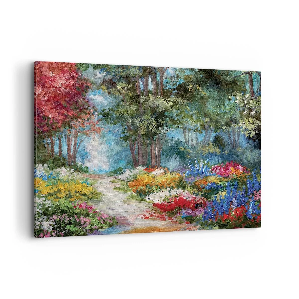 Bild auf Leinwand - Leinwandbild - Ein malerischer Garten voller bunter Blumen und Bäume in einer Waldumgebung - 100x70cm - Waldgarten, Blumenwald - Moderne Wanddekoration für Wohnzimmer und Schlafzimmer ARTTOR