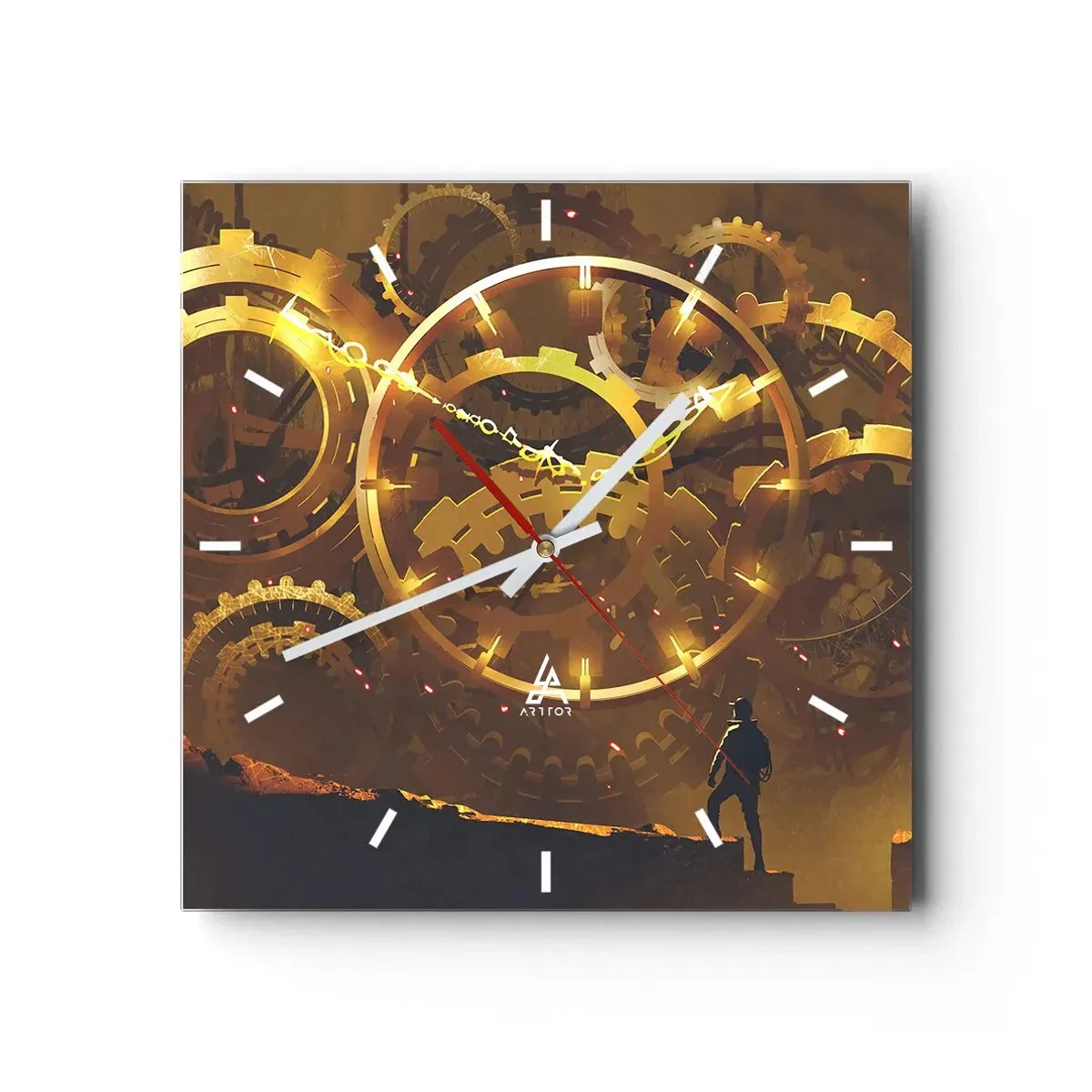 Wanduhr - Glasuhr - Goldene Zahnräder in einer surrealen Umgebung mit einer Figur - 30x30cm - An der Quelle der Zeit - Moderne Wanddekoration für Wohnzimmer und Schlafzimmer ARTTOR