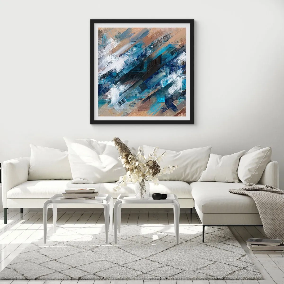 Poster in einem schwarzem Rahmen - Auf einer blauen Diagonale - 60x60 cm