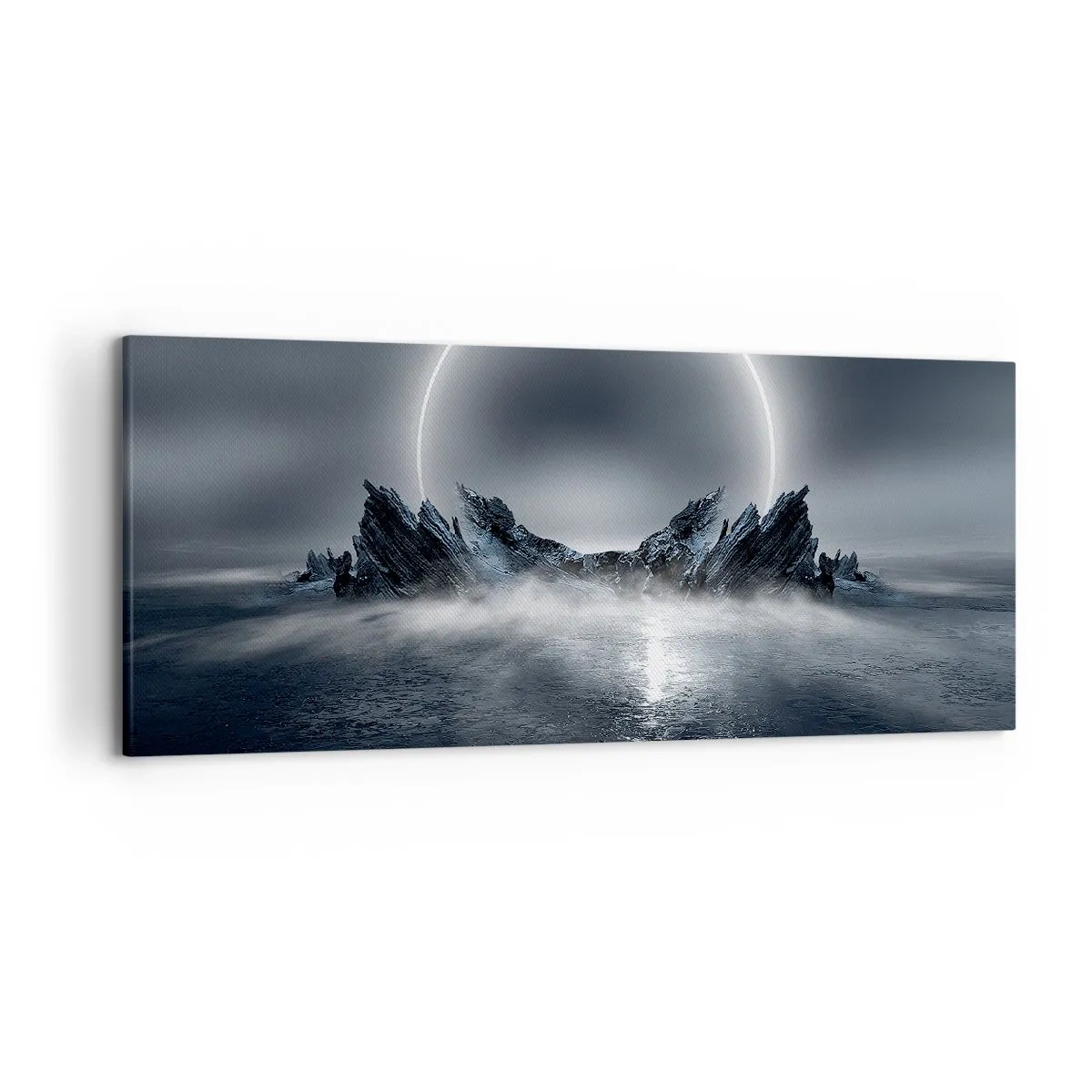 Bild auf Leinwand - Leinwandbild - Mysteriöse Landschaft mit einem Lichtring über den Bergen - 120x50cm - Ende der Geschichte - Moderne Wanddekoration für Wohnzimmer und Schlafzimmer ARTTOR