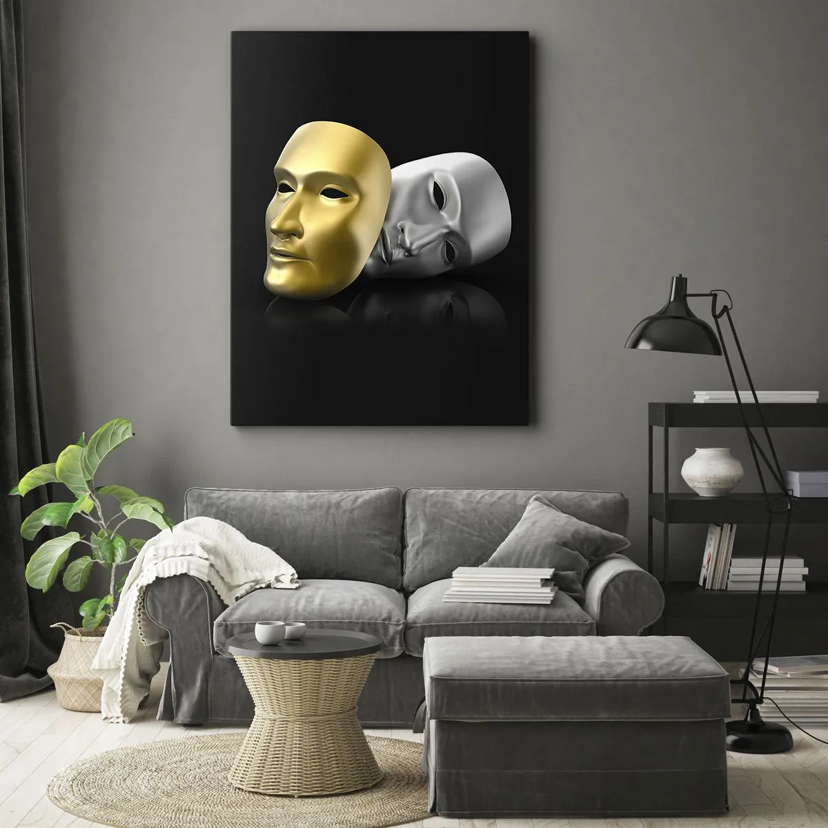 Bild auf Leinwand - Leinwandbild - Gold- und Silbermaske auf schwarzem Hintergrund - 50x70cm - Das Leben ist wie ein Theater - Moderne Wanddekoration für Wohnzimmer und Schlafzimmer ARTTOR