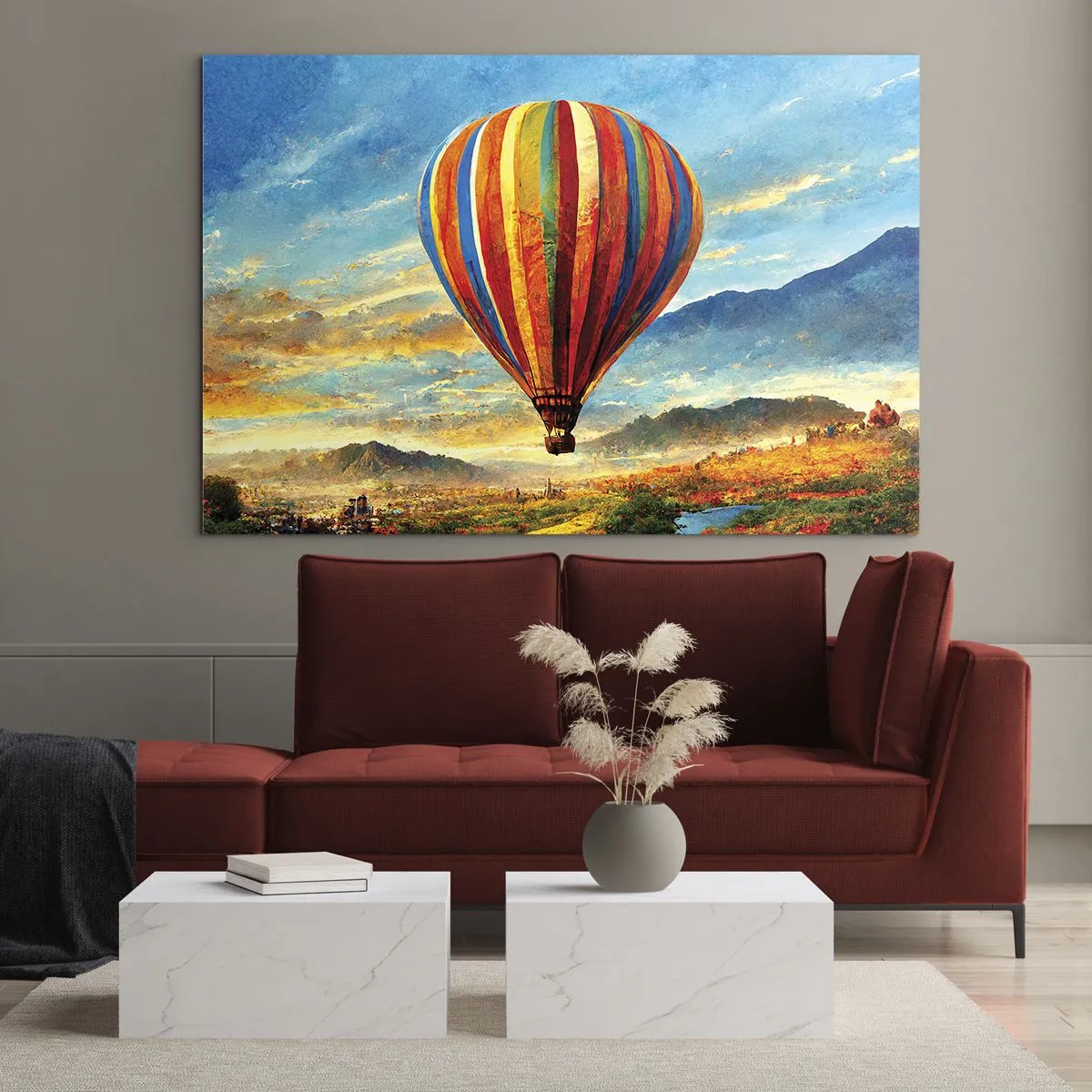 Glasbild - Bild auf glas - Ein bunter Ballon schwebt über einer Berglandschaft - 70x50cm - In der Stille sieht man mehr - Moderne Wanddekoration für Wohnzimmer und Schlafzimmer ARTTOR