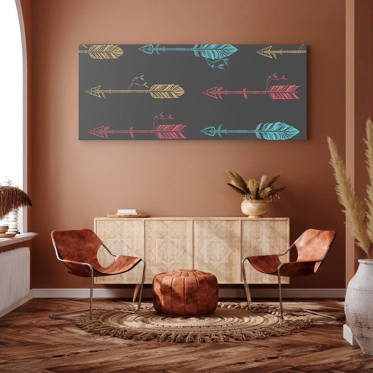 Bild auf Leinwand - Leinwandbild - Stilisiertes Pfeilmuster in Pastellfarben auf dunklem Hintergrund - 160x50cm - In der Verordnung - Moderne Wanddekoration für Wohnzimmer und Schlafzimmer ARTTOR