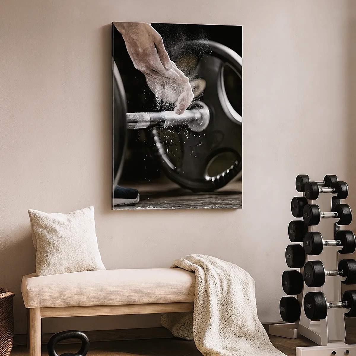 Bild auf Leinwand - Leinwandbild - Hanteln und die Hände eines Sportlers bereiten sich auf das Training vor - 50x70cm - Herausforderung angenommen! - Moderne Wanddekoration für Wohnzimmer und Schlafzimmer ARTTOR