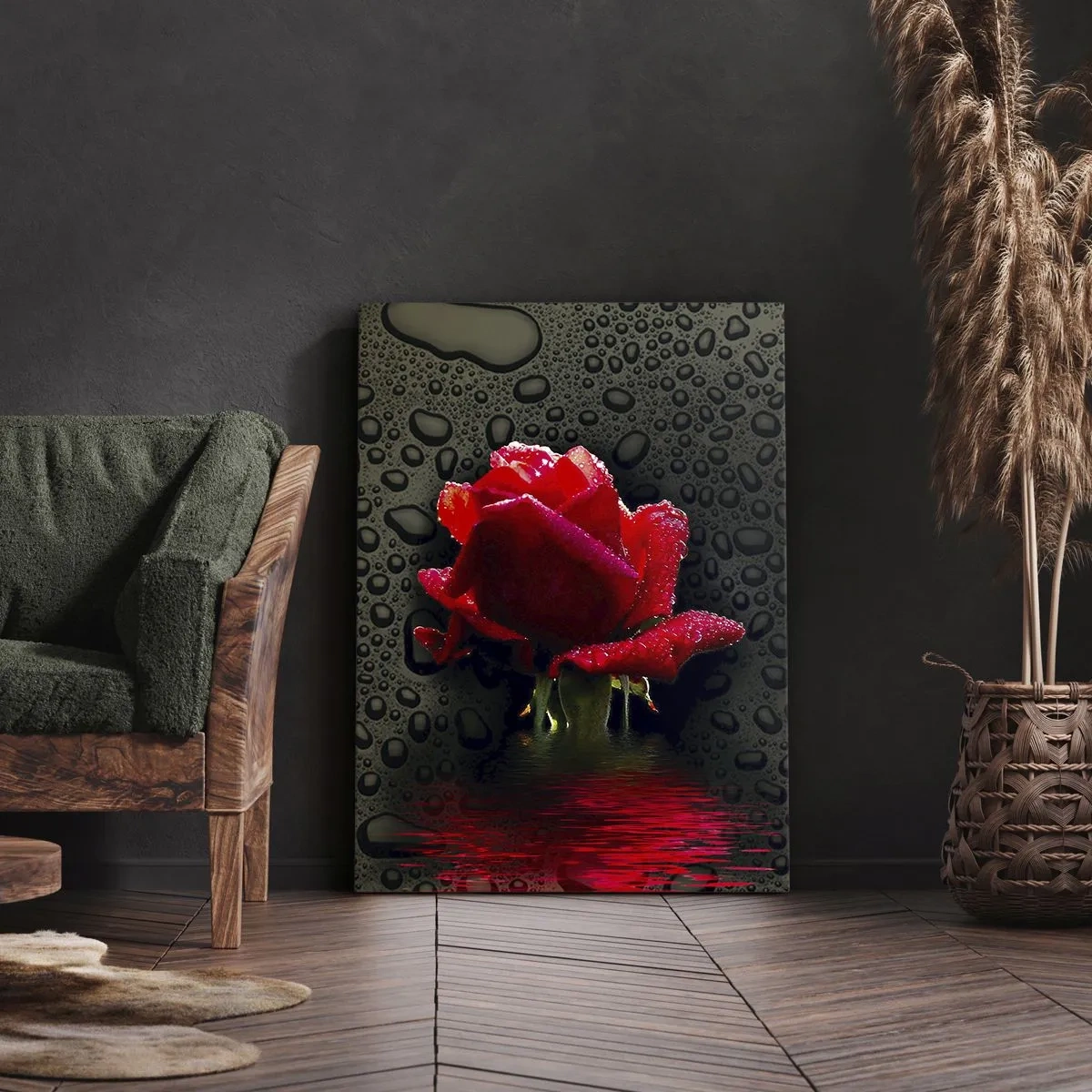 Bild auf Leinwand - Leinwandbild - Rote Rose mit Wassertropfen auf dunklem Hintergrund - 50x70cm - rot und Schwarz - Moderne Wanddekoration für Wohnzimmer und Schlafzimmer ARTTOR