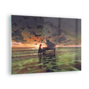 Glasbild - Bild auf glas - Pianist spielt Klavier am Strand bei Sonnenuntergang - 70x50cm - Konzert für Klavier und Wellen - Moderne Wanddekoration für Wohnzimmer und Schlafzimmer ARTTOR