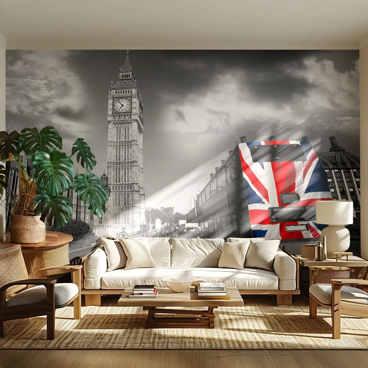 Fototapete Premium Sand - Schwarz-weiße Stadtansicht mit einem bunten Bus - 100x70cm - Stolz und toll - Moderne Wanddekoration für Wohnzimmer und Schlafzimmer ARTTOR
