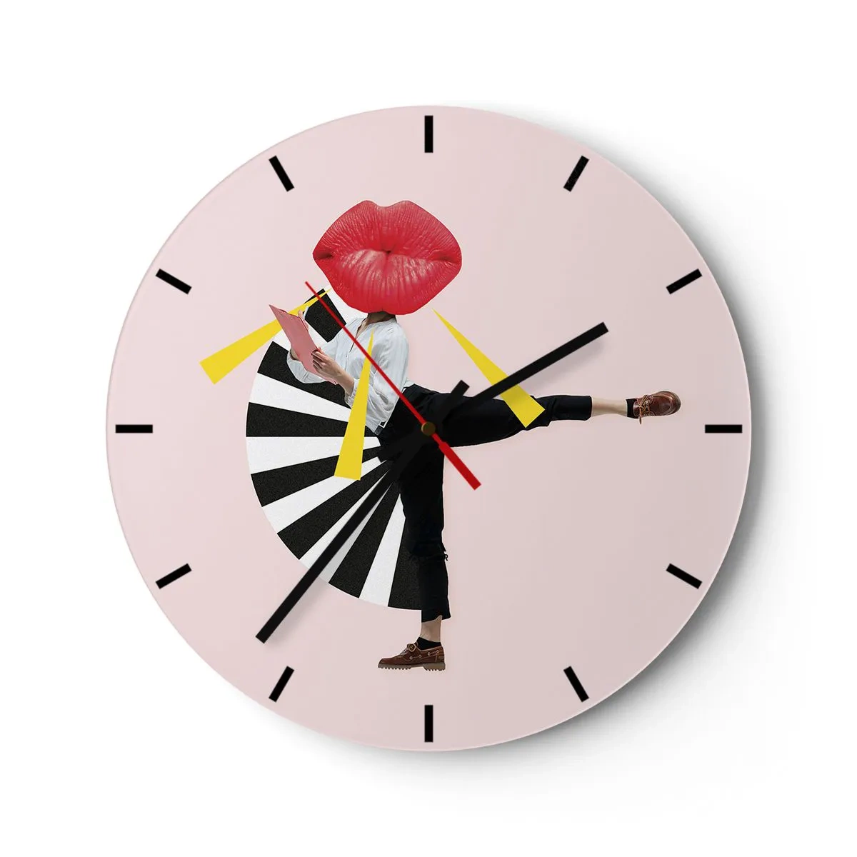 Wanduhr - Glasuhr - Eine Figur mit mundförmigem Kopf in einer dynamischen Pop-Art-Komposition - 30x30cm - Surreale Pop-Art - Moderne Wanddekoration für Wohnzimmer, Küche und Schlafzimmer ARTTOR