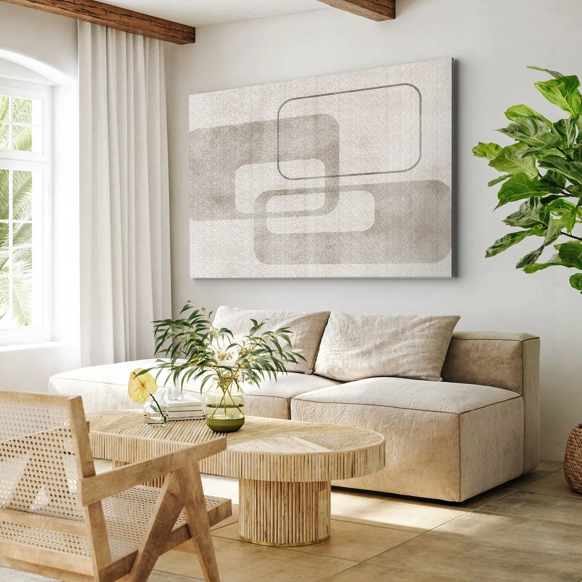 Bild auf Leinwand - Leinwandbild - Eine minimalistische Komposition mit Rechtecken in Beigetönen auf dezentem Hintergrund. - 70x50cm - Geometrische Fuge - Moderne Wanddekoration für Wohnzimmer und Schlafzimmer ARTTOR