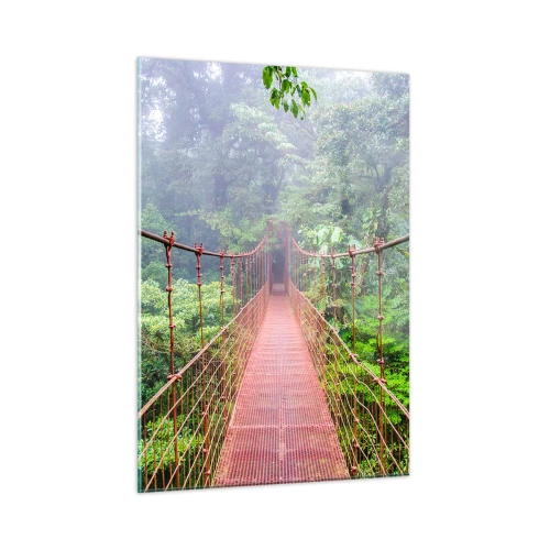 Glasbild - Bild auf glas - Eine rote Hängebrücke über einem grünen Dschungel im Nebel - 50x70cm - Über den Kronen aufgehängt - Moderne Wanddekoration für Wohnzimmer und Schlafzimmer ARTTOR
