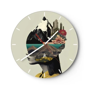 Wanduhr - Glasuhr - Künstlerisches Porträt einer Frau mit einer Landschaft und Blumen im Kopf - 30x30cm - Frau – bleibt immer ein Geheimnis - Moderne Wanddekoration für Wohnzimmer, Küche und Schlafzimmer ARTTOR