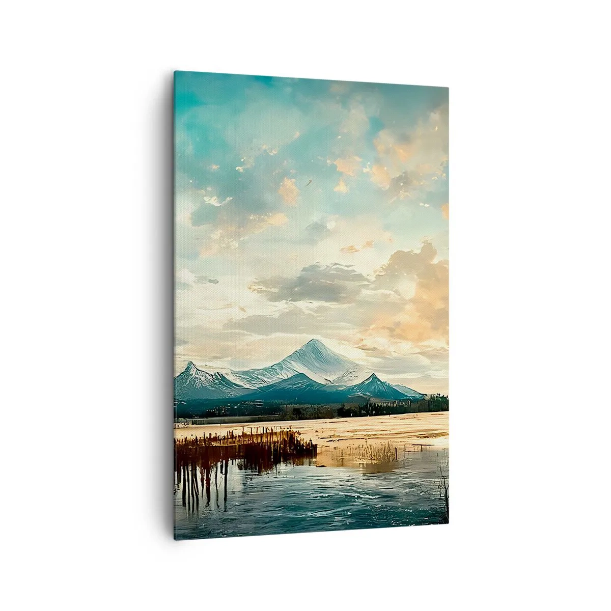 Bild auf Leinwand - Leinwandbild - Eine malerische Landschaft mit einem Berg und einem ruhigen See - 80x120cm - Unter dem Schutz des Himmels - Moderne Wanddekoration für Wohnzimmer und Schlafzimmer ARTTOR