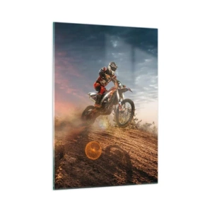 Glasbild - Bild auf glas - Motorradfahrer in der Wüste in dynamischer Umgebung - 50x70cm - Für den Sieg - Moderne Wanddekoration für Wohnzimmer und Schlafzimmer ARTTOR