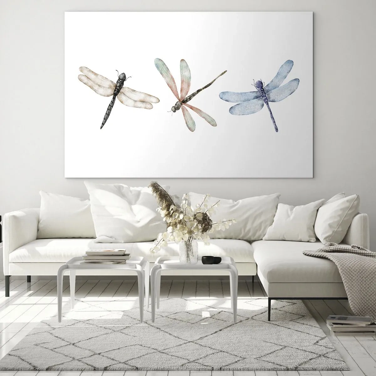 Glasbild - Bild auf glas - Drei bunte Libellen auf weißem Hintergrund im zarten Aquarellstil - 70x50cm - Schwerelose Libellen - Moderne Wanddekoration für Wohnzimmer und Schlafzimmer ARTTOR