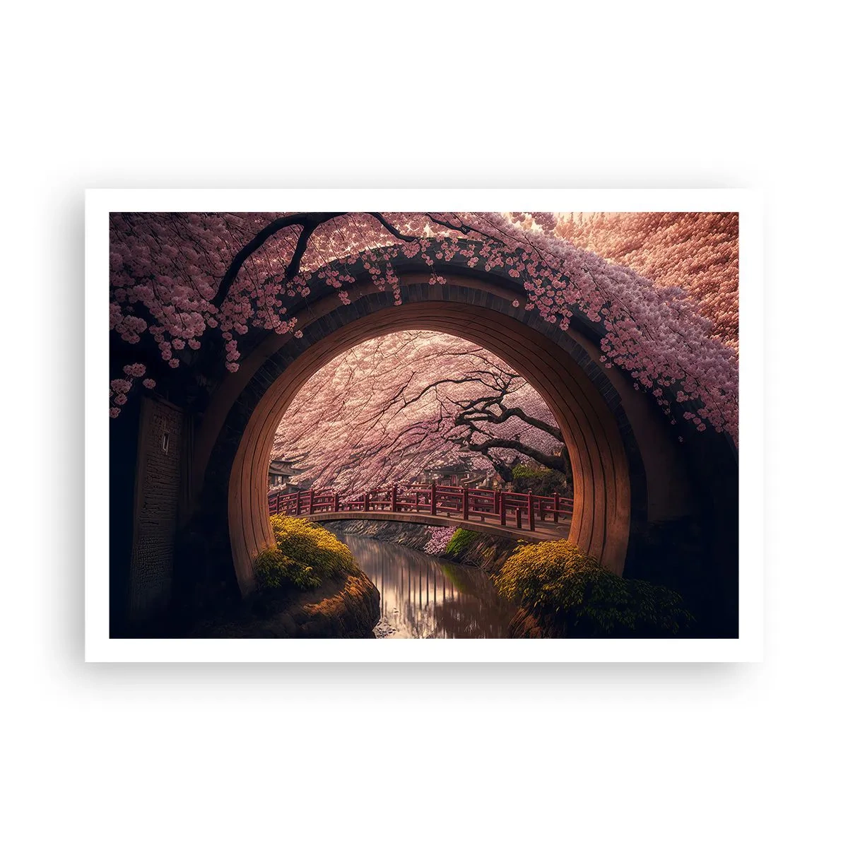 Poster - Eine traditionelle japanische Brücke, umgeben von Kirschblüten - 100x70cm - Japanischer Frühling - Moderne Wanddekoration für Wohnzimmer und Schlafzimmer ARTTOR
