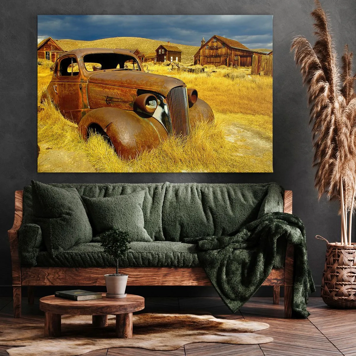 Bild auf Leinwand - Leinwandbild - Ein altes rostiges Auto vor dem Hintergrund verlassener Holzhütten - 100x70cm - Eine wohlverdiente Ruhe - Moderne Wanddekoration für Wohnzimmer und Schlafzimmer ARTTOR