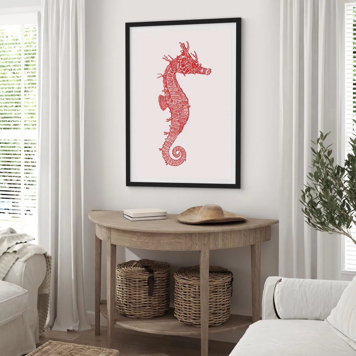 Poster in einem schwarzem Rahmen - Rotes Steampunk-Seepferdchen auf hellem Hintergrund - 50x70cm - Komplizierte Kreatur - Moderne Wanddekoration für Wohnzimmer und Schlafzimmer ARTTOR