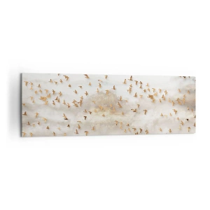 Bild auf Leinwand - Leinwandbild - Goldene Vögel vor den nebligen Bergen - 160x50cm - Es ist schon die Zeit… - Moderne Wanddekoration für Wohnzimmer und Schlafzimmer ARTTOR