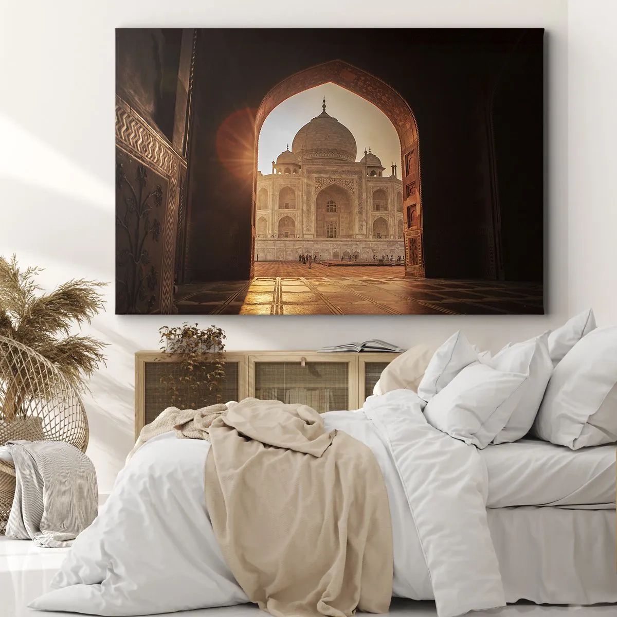 Bild auf Leinwand - Leinwandbild - Taj Mahal im Sonnenlicht vom Torbogen aus gesehen - 100x70cm - Denkmal der überirdischen Liebe - Moderne Wanddekoration für Wohnzimmer und Schlafzimmer ARTTOR