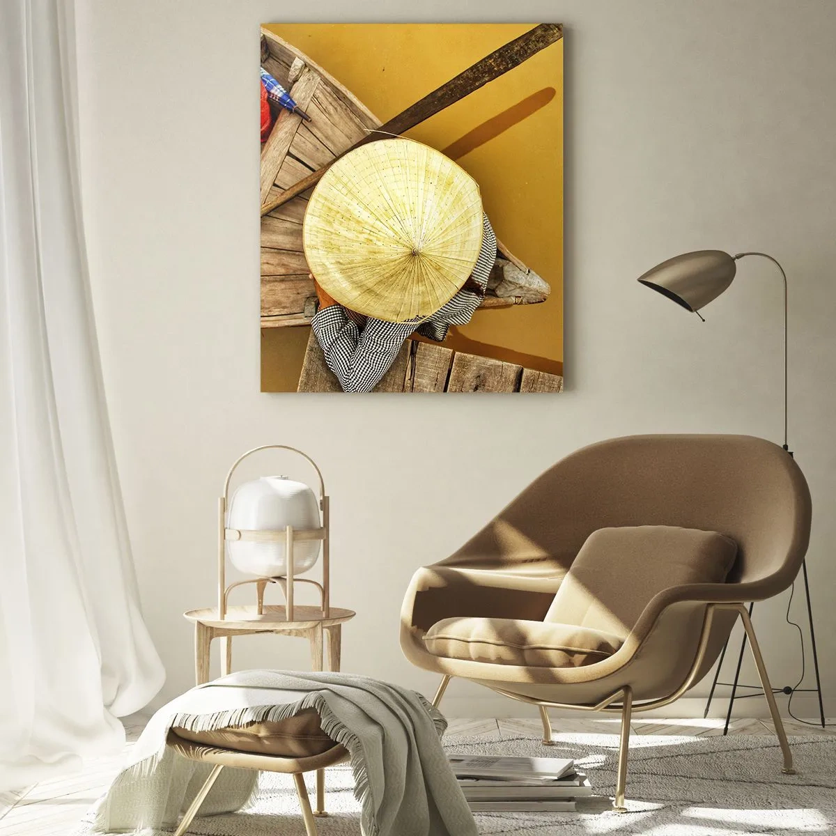 Glasbild - Bild auf glas - Draufsicht auf ein Boot und eine Person mit einem konischen Hut - 50x70cm - Leben am Gelben Fluss - Moderne Wanddekoration für Wohnzimmer und Schlafzimmer ARTTOR