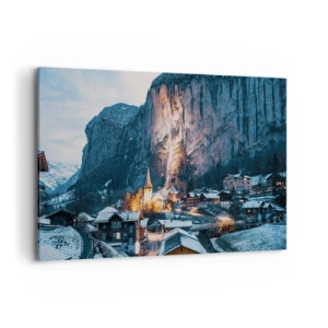 Bild auf Leinwand - Leinwandbild - Ein malerisches Winterdorf, umgeben von Bergen - 120x80cm - Der leuchtende Geist des Winters - Moderne Wanddekoration für Wohnzimmer und Schlafzimmer ARTTOR