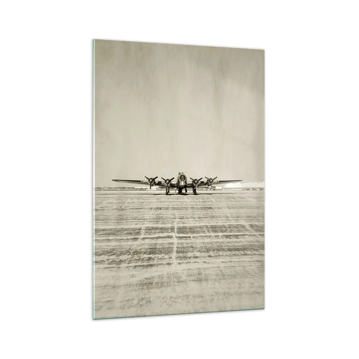 Glasbild - Bild auf glas - Historisches Flugzeug auf dem Flughafen in Sepia - 70x100cm - Wie immer bereit - Moderne Wanddekoration für Wohnzimmer und Schlafzimmer ARTTOR