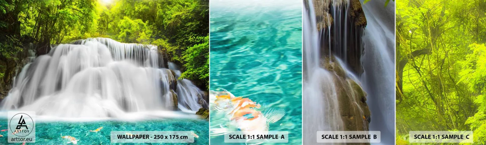 Fototapetenmuster Standard Eco - Eine schaumige Kaskade von grün bis azurblau - Landschaft, Wasserfall, Nationalpark - 100x30 cm