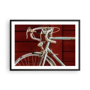 Poster in einem schwarzem Rahmen - Ein Vintage-Fahrrad vor einer roten Holzwand - 70x50cm - Geschaffen um zu siegen - Moderne Wanddekoration für Wohnzimmer und Schlafzimmer ARTTOR