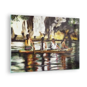 Glasbild - Bild auf glas - Frauen in einem Boot vor der Kulisse malerischer Felsen und Wasser - 70x50cm - In einem polynesischen Paradies - Moderne Wanddekoration für Wohnzimmer und Schlafzimmer ARTTOR