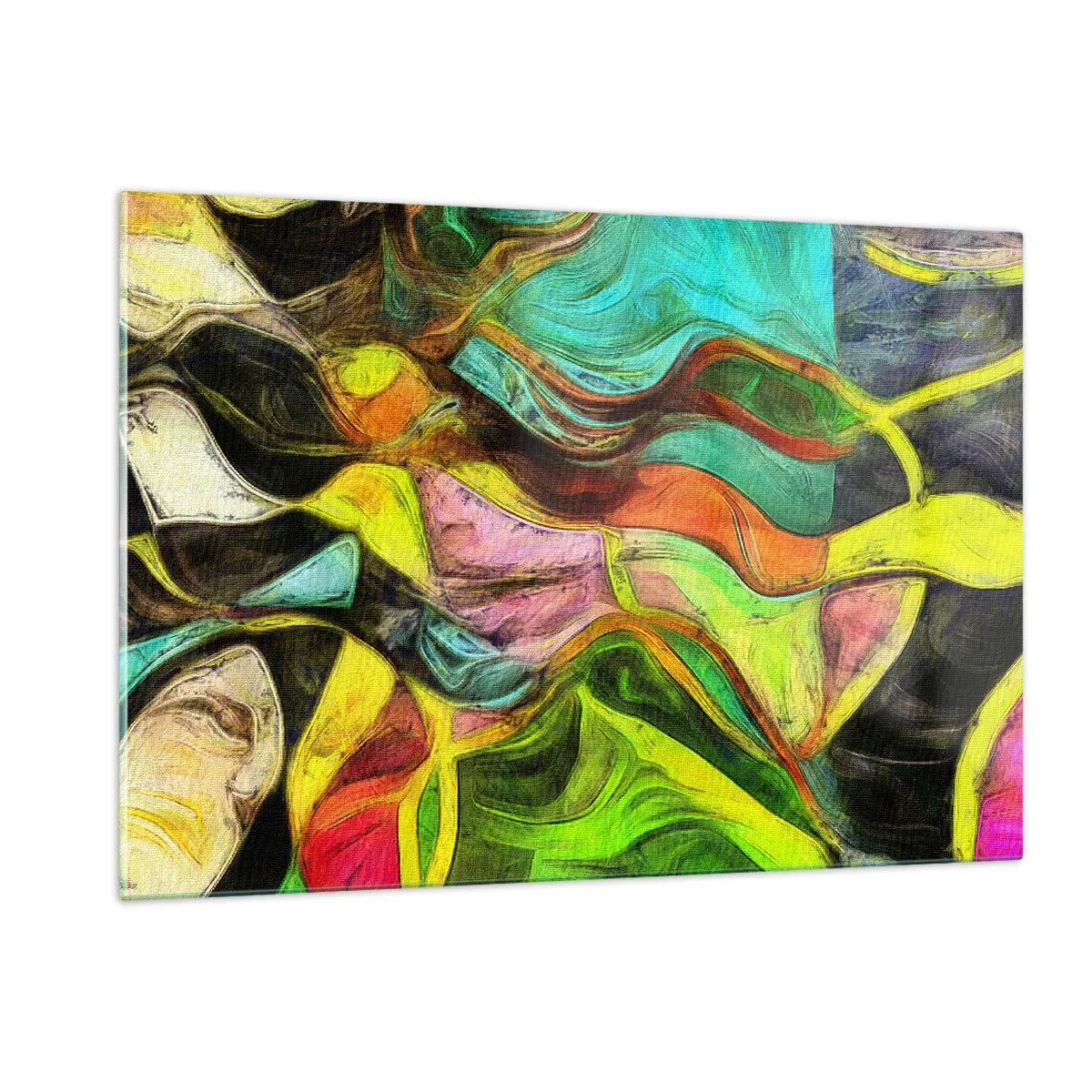 Glasbild - Bild auf glas - Eine abstrakte Komposition mit intensiven, mehrfarbigen Wellen. - 120x80cm - Bewegung ist Leben - Moderne Wanddekoration für Wohnzimmer und Schlafzimmer ARTTOR