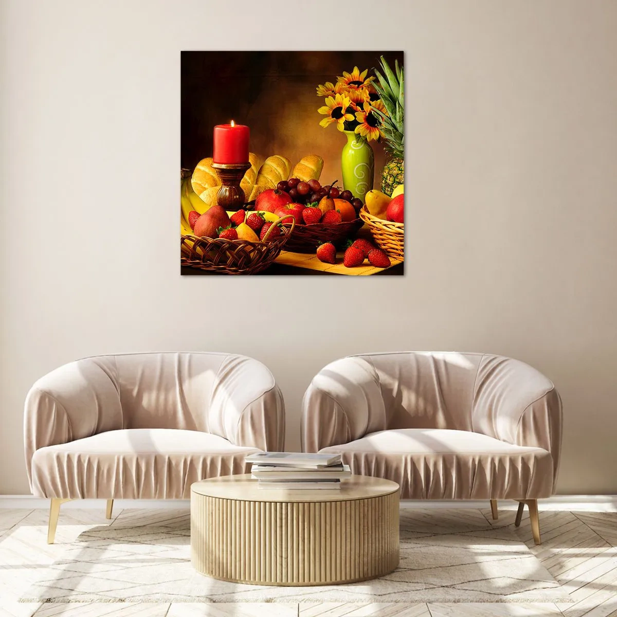 Glasbild - Bild auf glas - Stillleben mit Brot und Obst - 30x30 cm