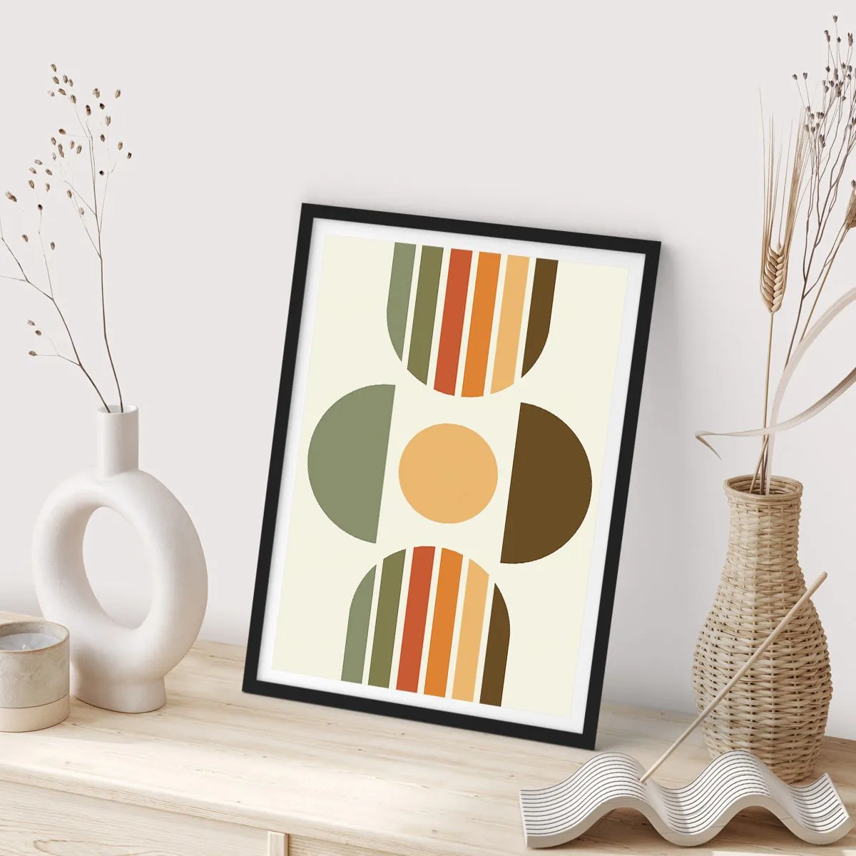Poster in einem schwarzem Rahmen - Abstraktes geometrisches Muster in Erdtönen mit Kreisen und Halbkreisen - 50x70cm - In Erdtönen - Moderne Wanddekoration für Wohnzimmer und Schlafzimmer ARTTOR