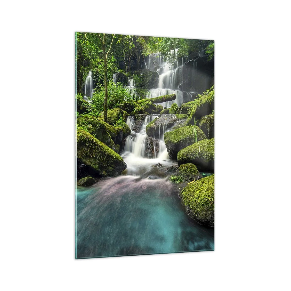 Glasbild - Bild auf glas - Ein tropischer Wasserfall, umgeben von Grün und türkisfarbenem Wasser - 70x100cm - Türkis, Saphire und flüssiges Silber - Moderne Wanddekoration für Wohnzimmer und Schlafzimmer ARTTOR
