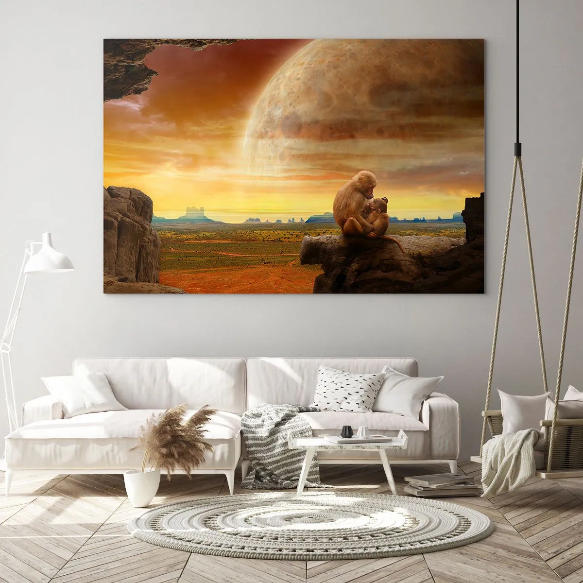 Glasbild - Bild auf glas - Affen sitzen auf einem Felsen mit einem riesigen Mond im Hintergrund - 120x80cm - Die Liebe ist überall gleich - Moderne Wanddekoration für Wohnzimmer und Schlafzimmer ARTTOR