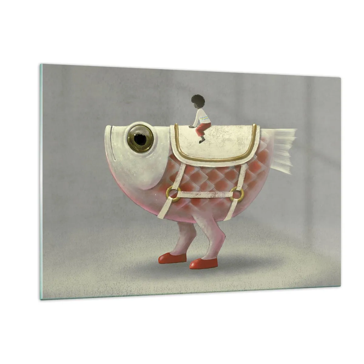Glasbild - Bild auf glas - Eine Figur, die auf einem rosa Fisch mit Beinen und Sattel reitet - 120x80cm - Reiter auf einem surrealen Fisch - Moderne Wanddekoration für Wohnzimmer und Schlafzimmer ARTTOR