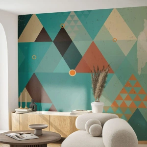 Fototapete Premium Sand - Geometrische Komposition aus Dreiecken in Beige- und Türkistönen - 100x70cm - Einheit der Vielheit, Vielheit der Einheit - Moderne Wanddekoration für Wohnzimmer und Schlafzimmer ARTTOR