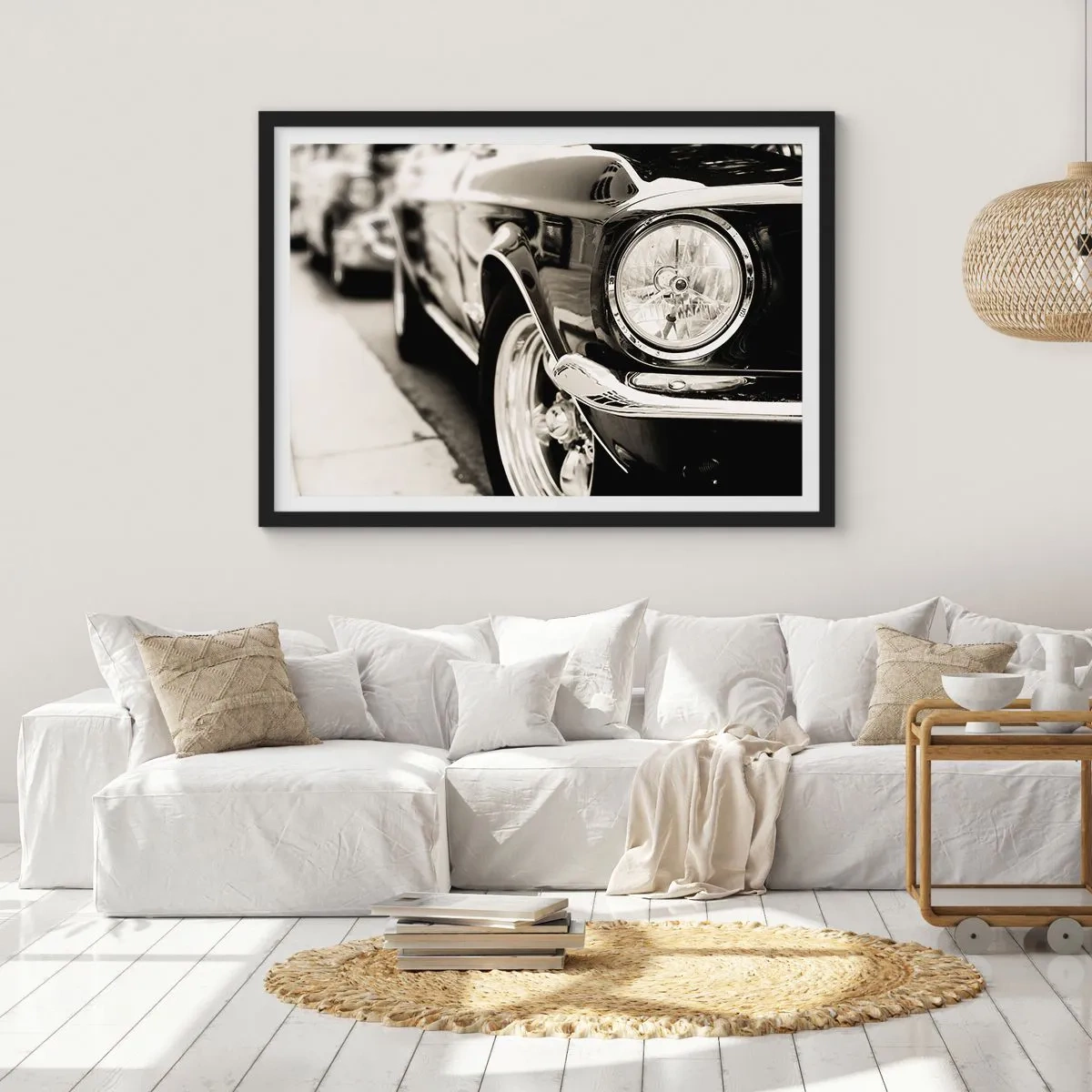 Poster in einem schwarzem Rahmen - Ein kultiger Oldtimer in elegantem Schwarz-Weiß - 100x70cm - Dauerhafter Glanz - Moderne Wanddekoration für Wohnzimmer und Schlafzimmer ARTTOR