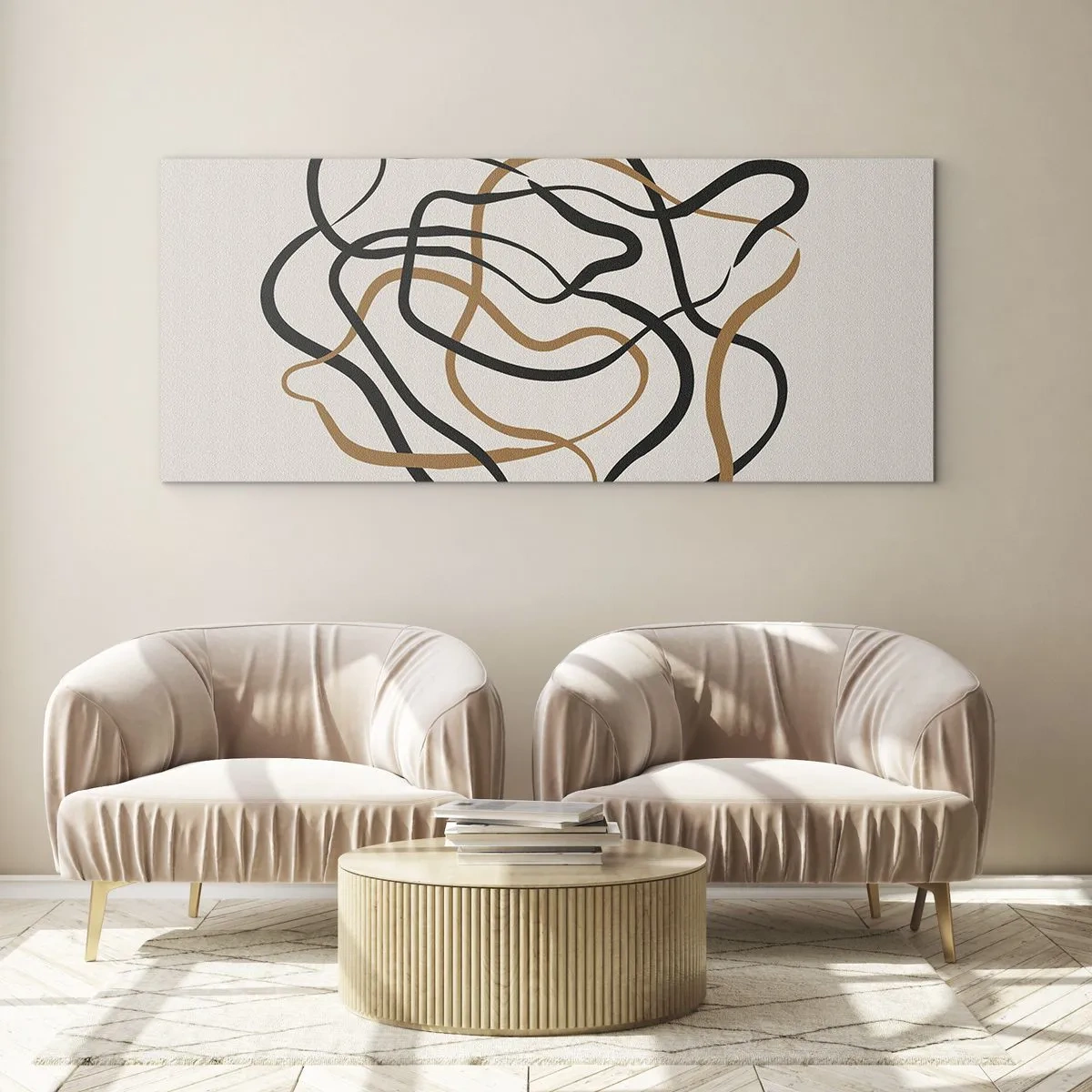 Glasbild - Bild auf glas - Verworrene Linien in Schwarz und Gold auf hellem Hintergrund - 140x50cm - Alles ging schief - Moderne Wanddekoration für Wohnzimmer und Schlafzimmer ARTTOR