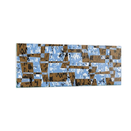 Glasbild - Bild auf glas - Eine abstrakte Komposition aus Rechtecken in Braun- und Blautönen. - 140x50cm - Ein nicht-menschlicher Ausschnitt - Moderne Wanddekoration für Wohnzimmer und Schlafzimmer ARTTOR