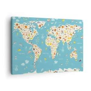 Bild auf Leinwand - Leinwandbild - Bunte Weltkarte mit Tierillustrationen - 70x50cm - Wir lieben die ganze Welt - Moderne Wanddekoration für Wohnzimmer und Schlafzimmer ARTTOR