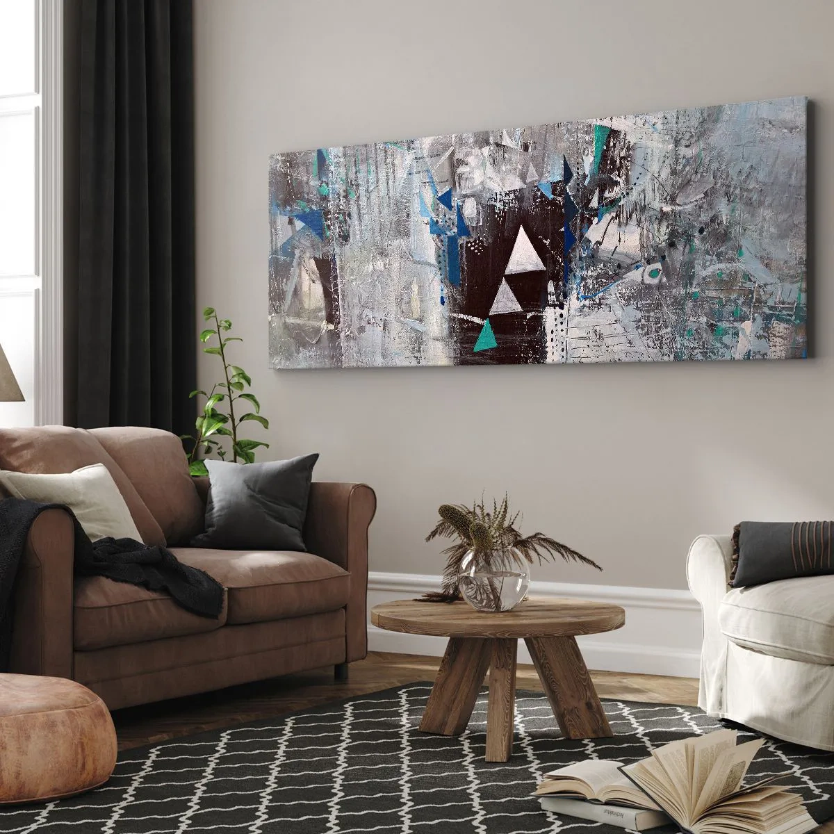 Bild auf Leinwand - Leinwandbild - Abstrakte Komposition mit Dreiecken und geometrischen Mustern - 120x50cm - Überschreibende Reihenfolge der Dreiecke - Moderne Wanddekoration für Wohnzimmer und Schlafzimmer ARTTOR