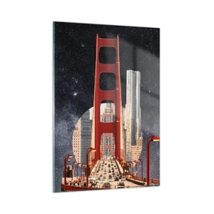 Glasbild - Bild auf glas - Brücke und Wolkenkratzer vor einem surrealen Galaxienhintergrund - 50x70cm - Immer im Mittelpunkt - Moderne Wanddekoration für Wohnzimmer und Schlafzimmer ARTTOR