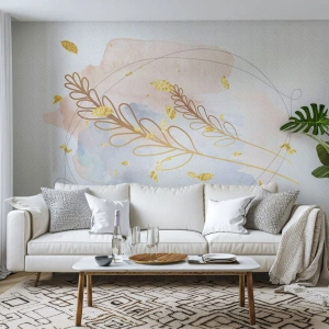 Fototapete Standard Eco - Goldene Blätter und Zweige vor einem pastellfarbenen Aquarellhintergrund - 100x70cm - Goldenr Hauch - Moderne Wanddekoration für Wohnzimmer und Schlafzimmer ARTTOR