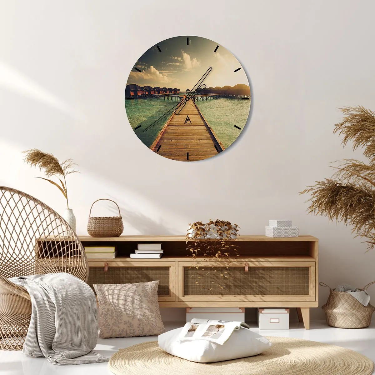 Wanduhr - Glasuhr - Der Steg zu den Wasserhäusern im Abendlicht - 30x30cm - Eine herzliche Einladung - Moderne Wanddekoration für Wohnzimmer, Küche und Schlafzimmer ARTTOR